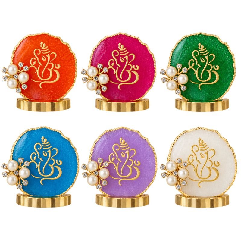Handmade resin Ganesh Ji standee with golden Ganesh motif, pearl embellishments, and colourful decorative base
